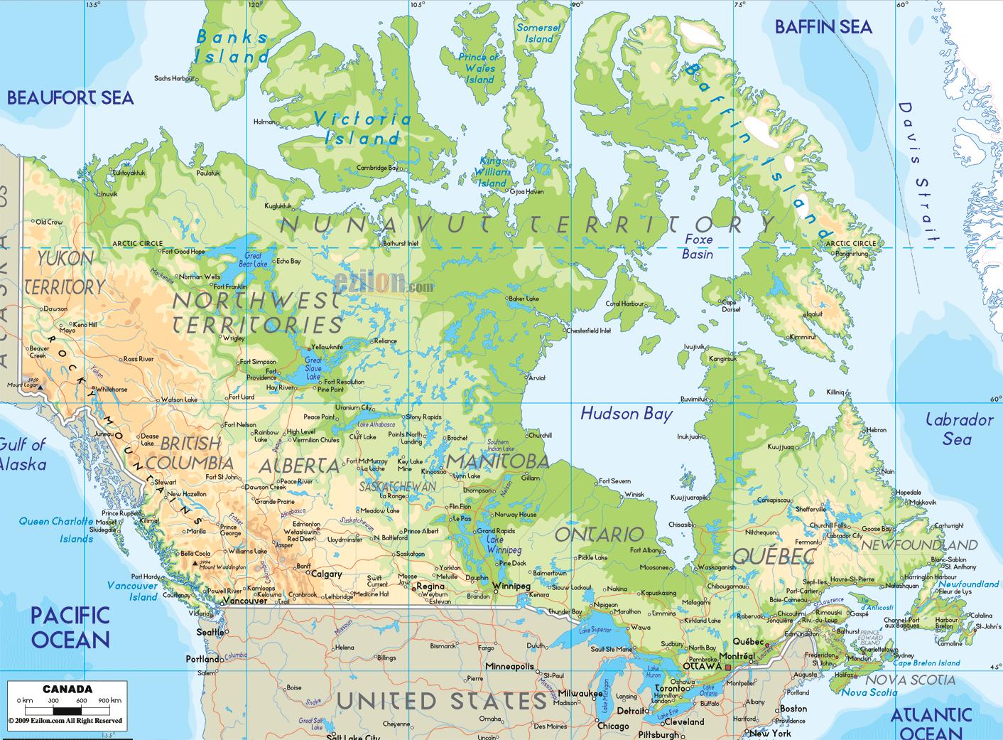 kanada térkép Fizikai térkép Kanada   fizikai térkép Kanada (Észak Amerika  kanada térkép